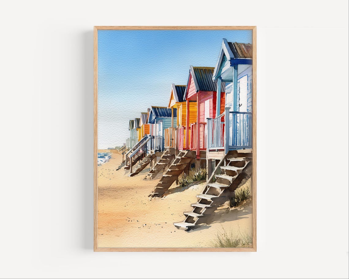 Bright Beach Huts Watercolor Sunny Shore Coastal Decor Art Poster