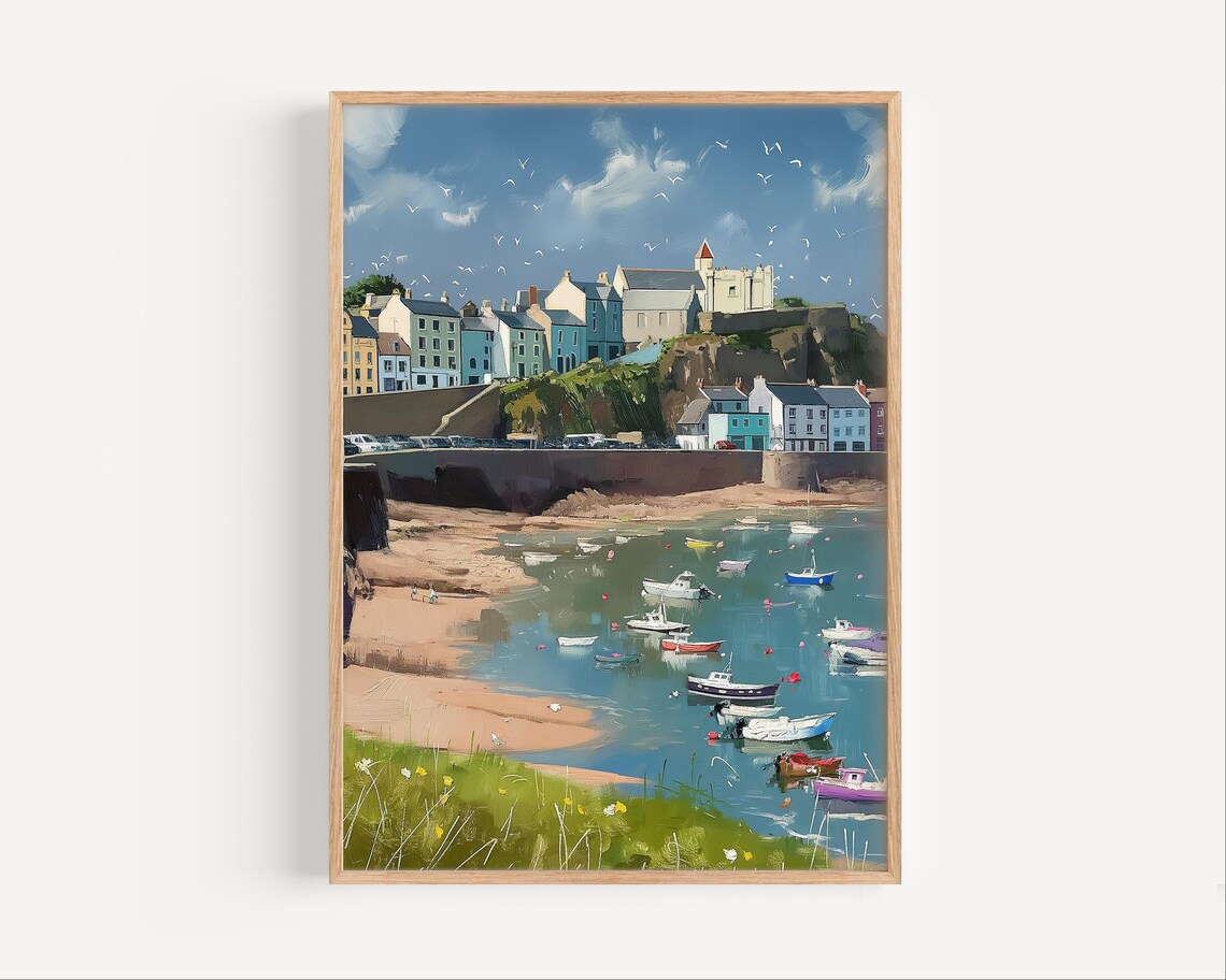 Tenby Wales Seaside Harbor Oil Painting Boats Colorful Coast Poster