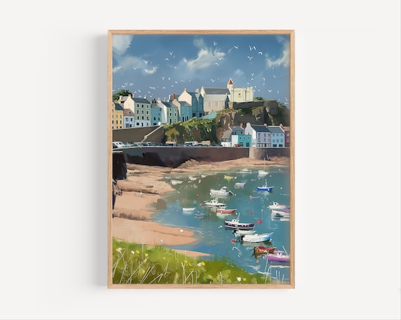 Tenby Wales Seaside Harbor Oil Painting Boats Colorful Coast Poster