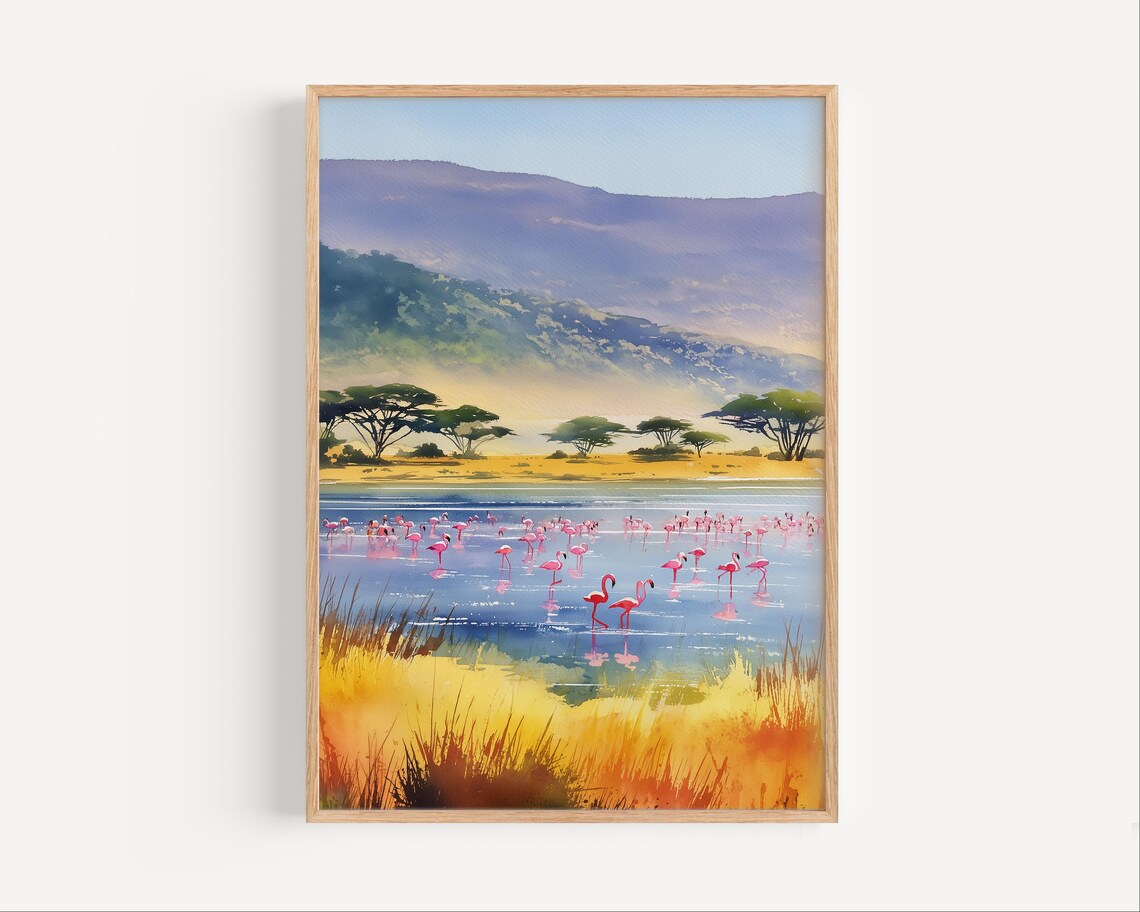 Lake Nakuru Kenya Flamingos Watercolor Painting Safari Wildlife Poster