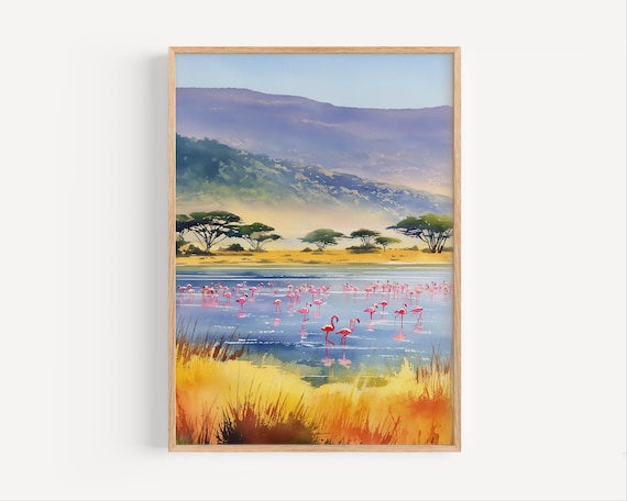 Lake Nakuru Kenya Flamingos Watercolor Painting Safari Wildlife Poster
