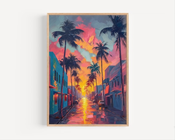 Miami Florida 1980s Retro Sunset Palm Street Neon Skyline Poster