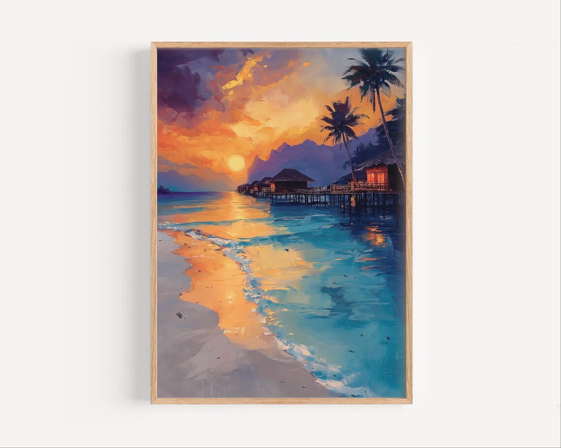 Maldives Beach Stilt Villas Sunset Travel Poster