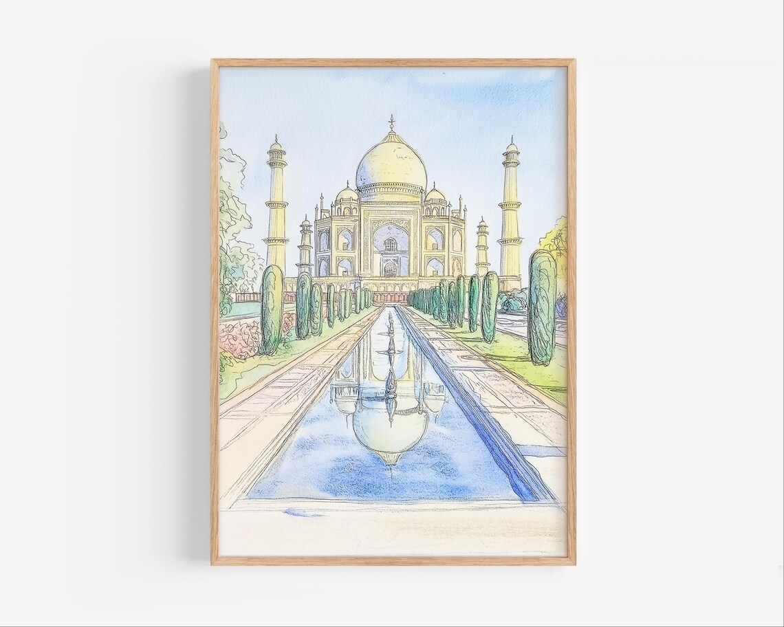 Taj Mahal India Pastel Watercolor Painting Landmark Travel Poster