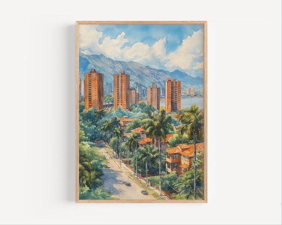 Tropical City Skyline with Palms and Mountains Watercolor Poster