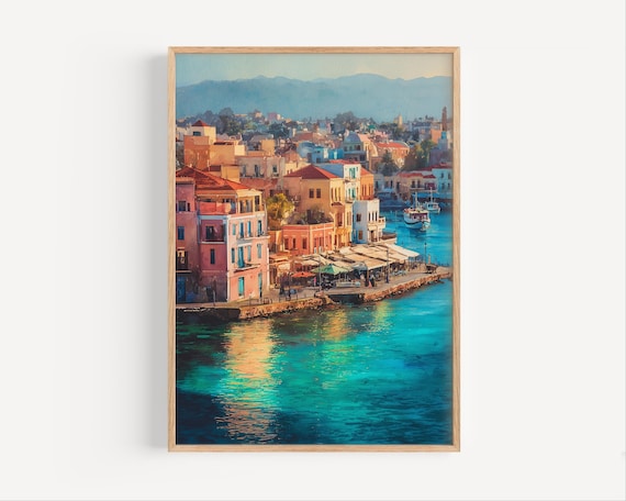 Chania Crete Old Town Hillside Harbor Watercolor Greece Travel Poster