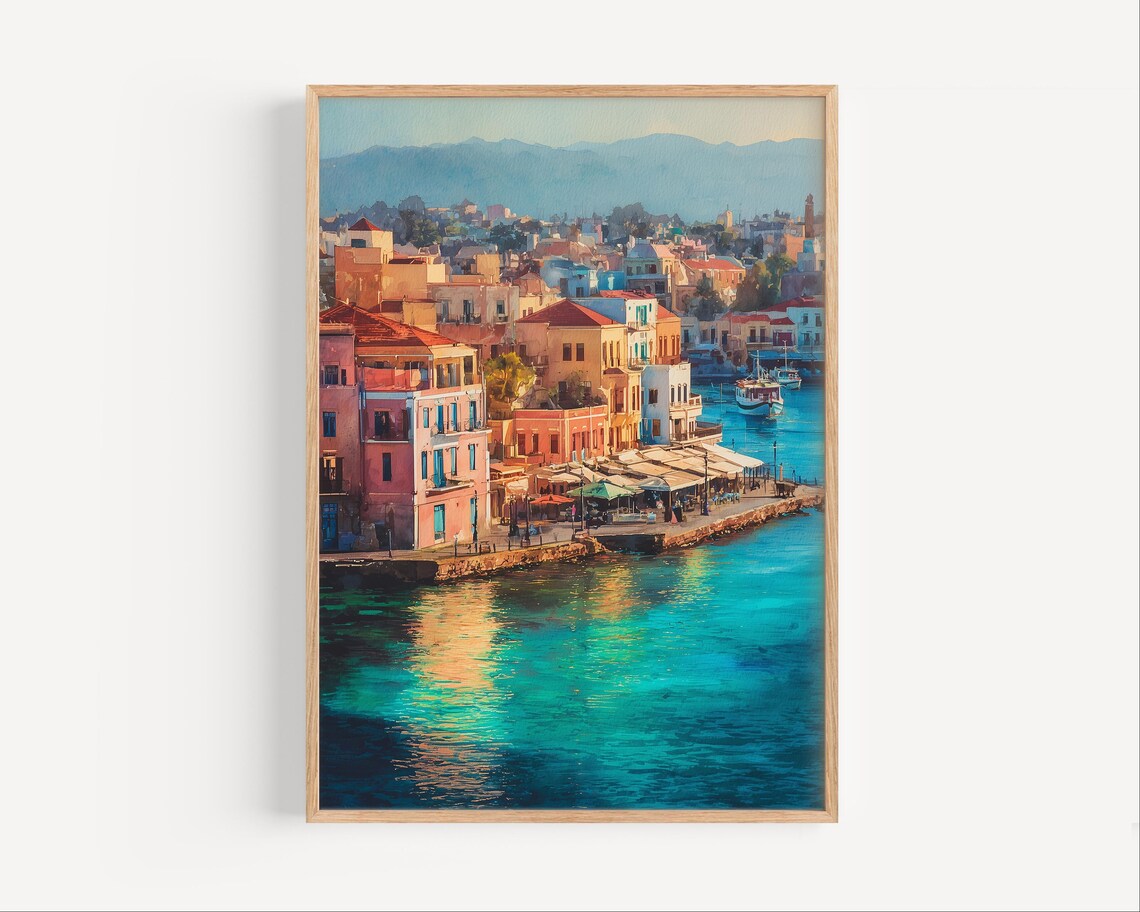 Chania Crete Old Town Hillside Harbor Watercolor Greece Travel Poster