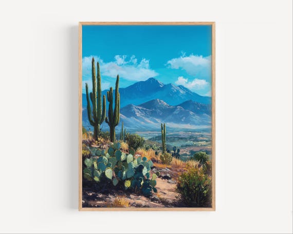 New Mexico Mountains Oil Painting Print Poster Or Canvas Albuquerque Paint Style Wall Art Cacti