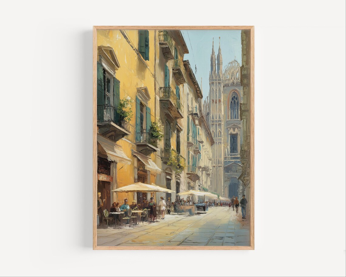 Milan Street Cafe Scene Duomo Cathedral Charming Italy Art Poster