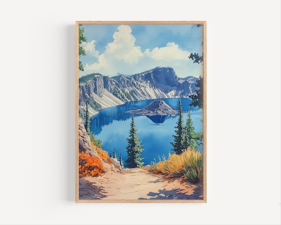 Crater Lake National Park Watercolor Wizard Island Lake View Poster