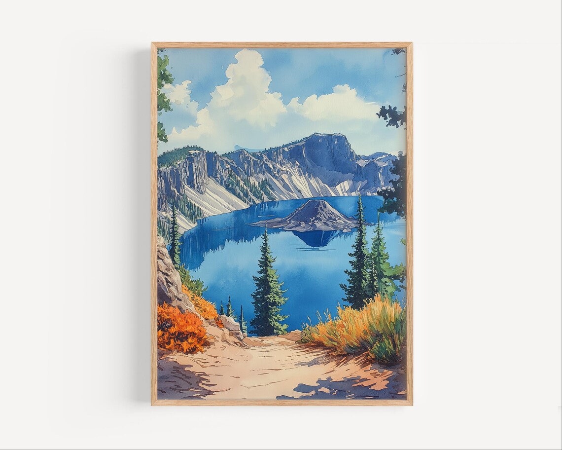 Crater Lake National Park Watercolor Wizard Island Lake View Poster