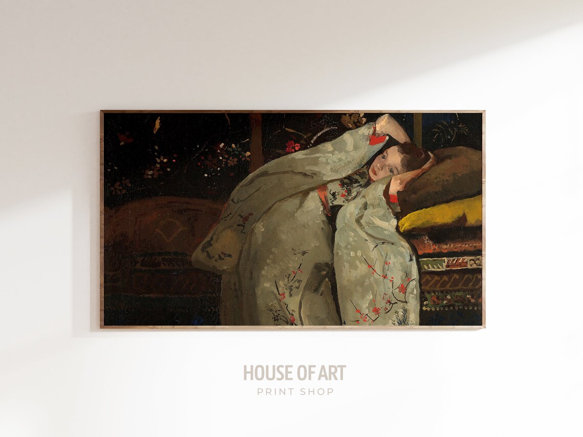 Vintage Girl In Kimono Oil Painting Reclining Woman Dreamy Art Poster - Image 3