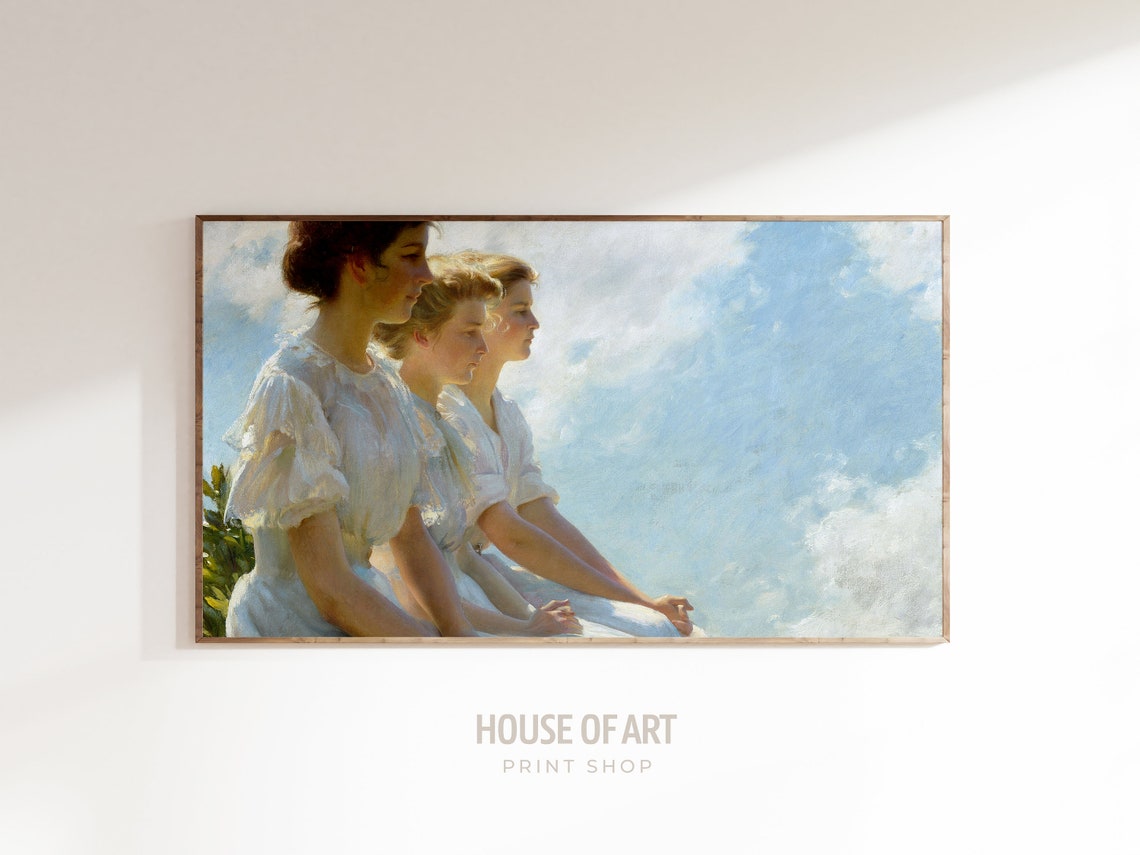 Frame Tv Art 4k Vintage Portrait Of A Three Girls In The Sun Oil Painting Summer Spring Artwork Dreamy Young Women Clouds - Image 3
