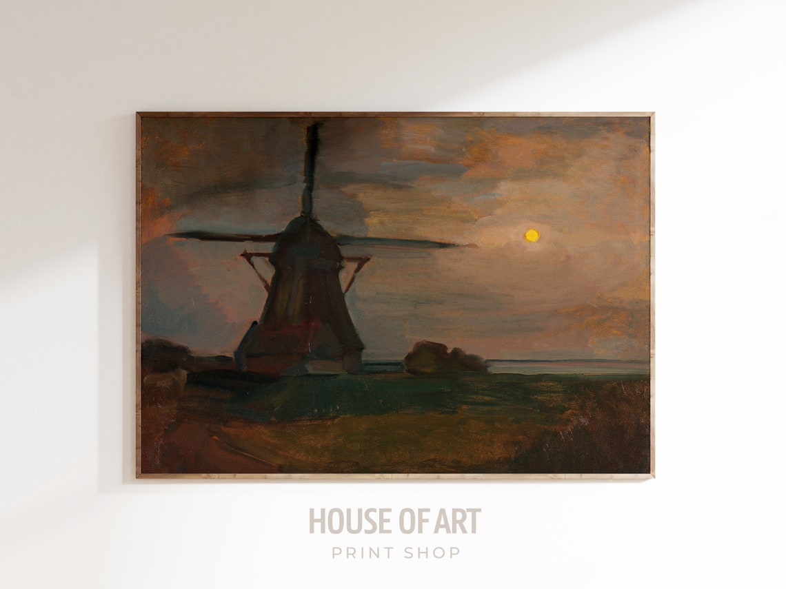 Windmill By Moonlight Dutch Night Landscape Earth Tone Oil Poster