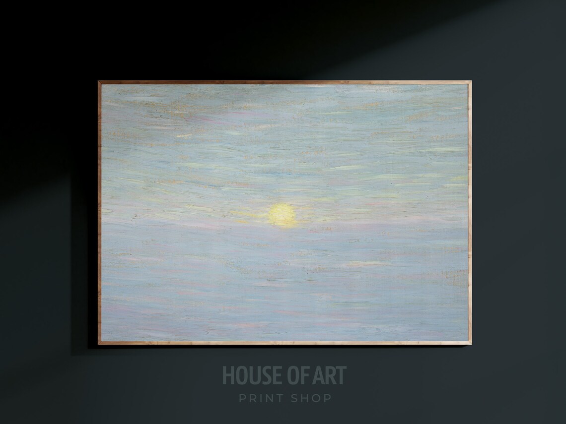 Full Moon Over Calm Blue Sea Pastel Moonlight Seascape Oil Painting Poster - Image 3