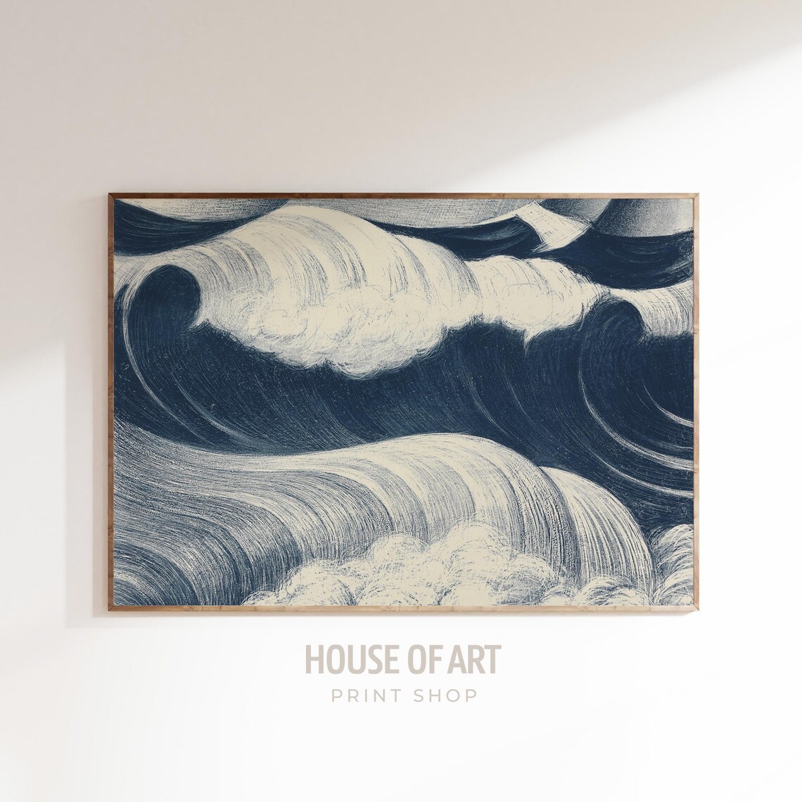Navy Blue Crashing Ocean Waves Vintage Seascape Coastal Art Print