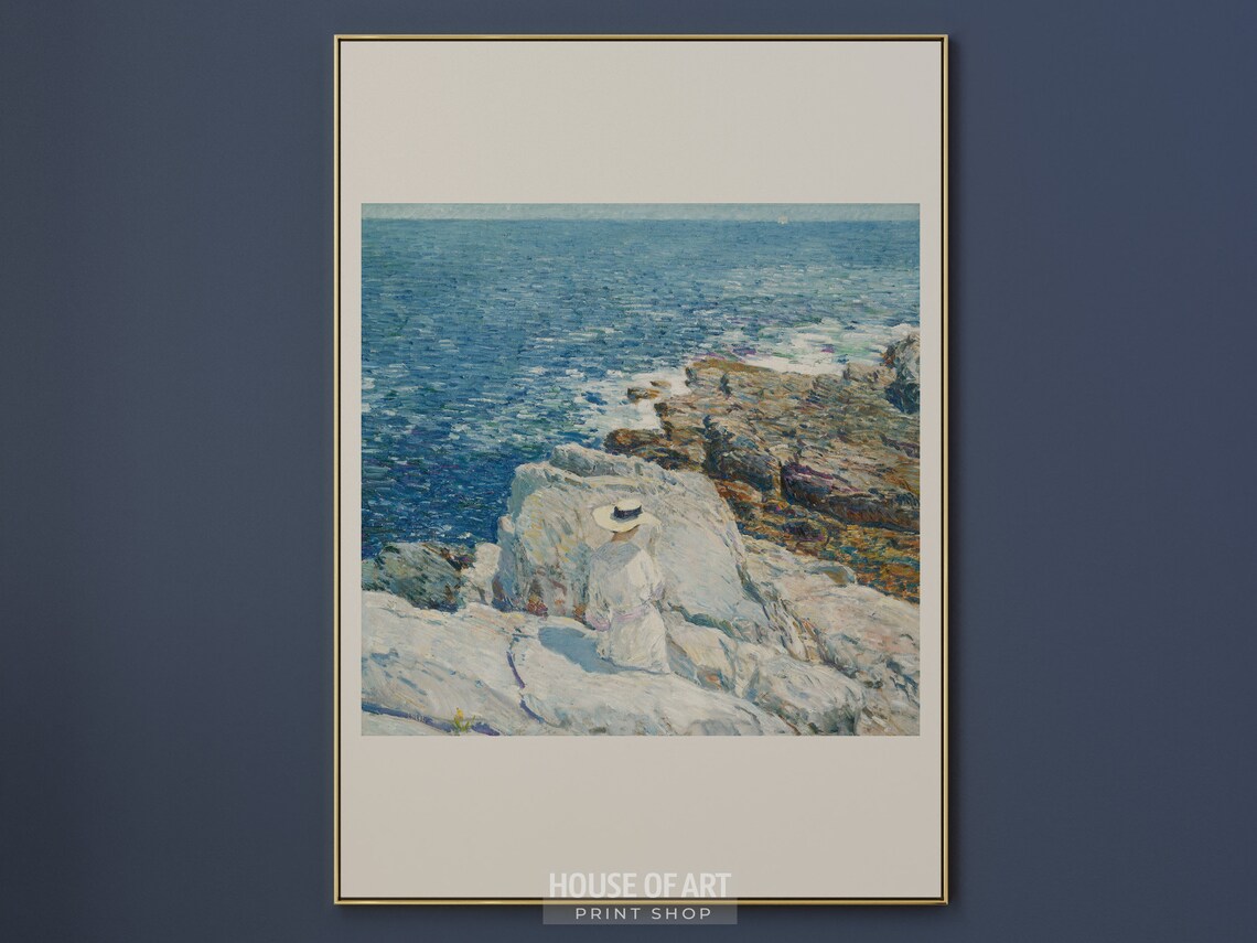 Woman In White Dress Sitting On Rocky Coast Impressionist Seascape Wall Art Poster - Image 3