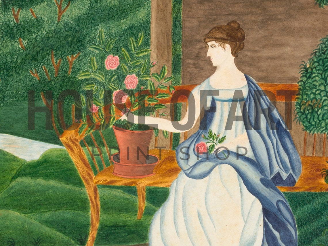 Woman In A Garden Square Landcape Art Antique Painting Woman Vintage Art Cottage Garden Print Roses Painting Wall Art - Image 2