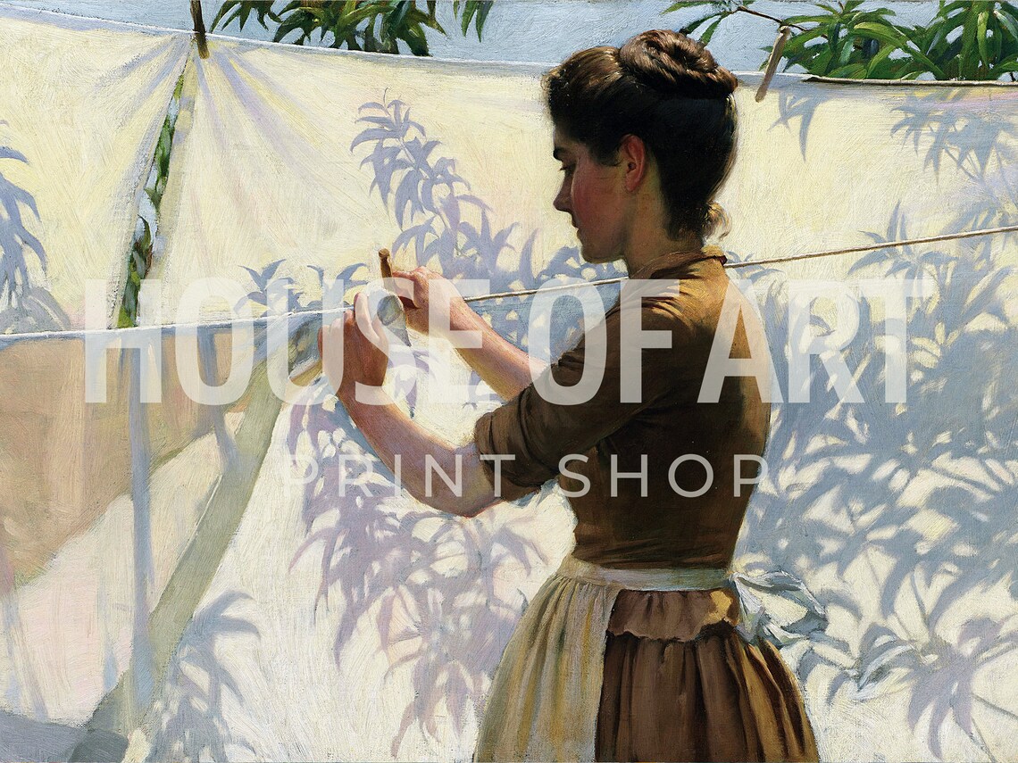 Woman Hanging Laundry In Sunlit Garden Vintage Oil Painting Art Print - Image 2