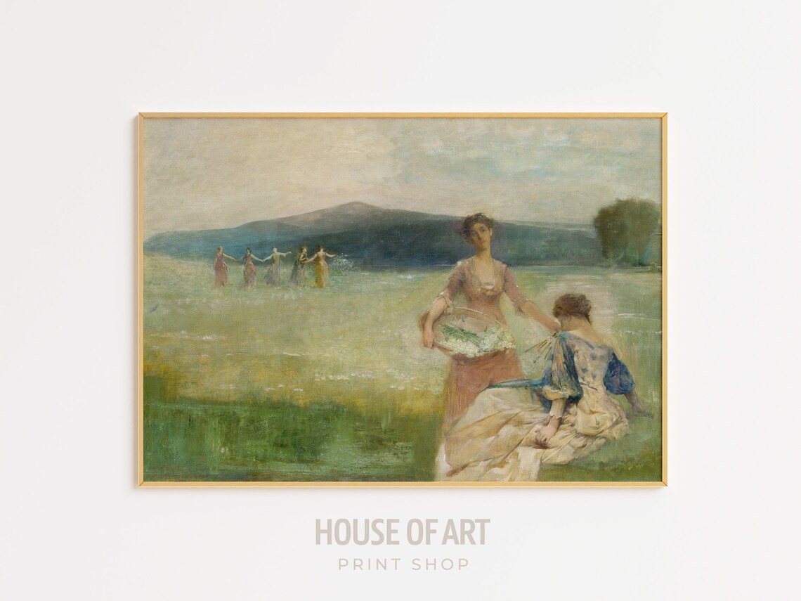 Elegant Women Dancing In Summer Meadow Romantic Vintage Oil Art Print