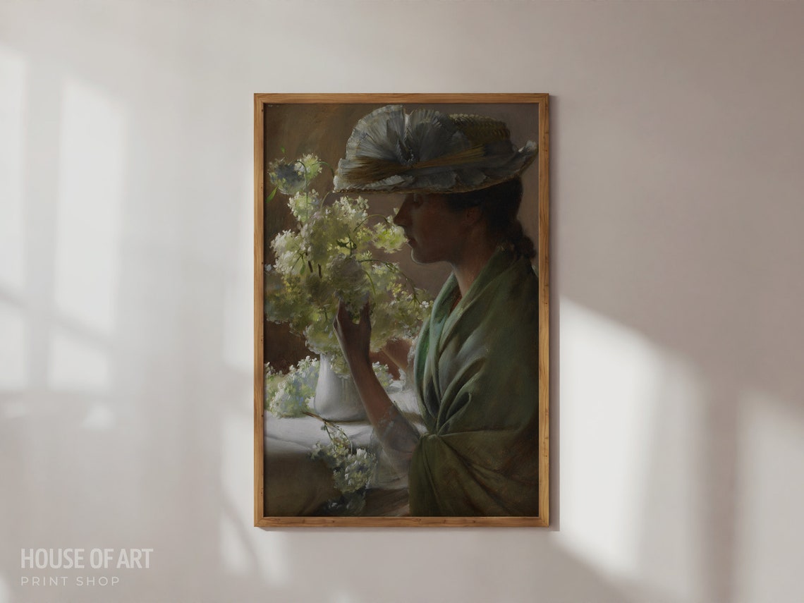 Vintage Portrait Artwork Young Woman With Bouquet Instant Print Fashionable Lady Smelling Flowers Oil Painting