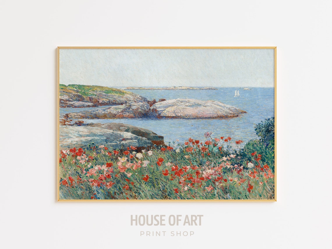 Poppies Vintage Coastal Landscape Isle Of Shoals Poppy Oil Painting Wildflower Field Print Coastal Wall Art Vintage Art