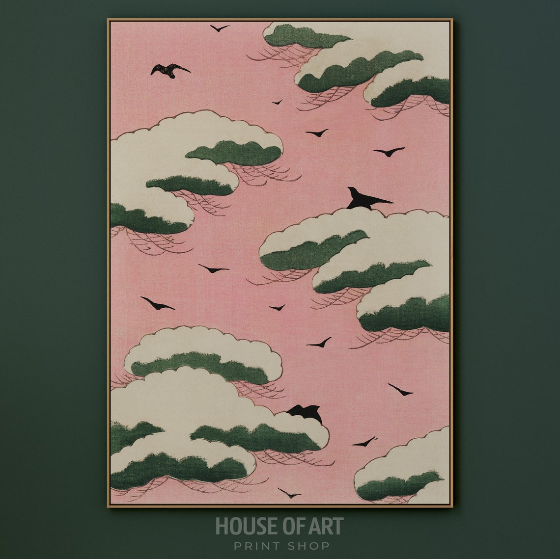 Vintage Japanese Pink Sky Clouds Flying Birds Retro Wall Art - Image 3
