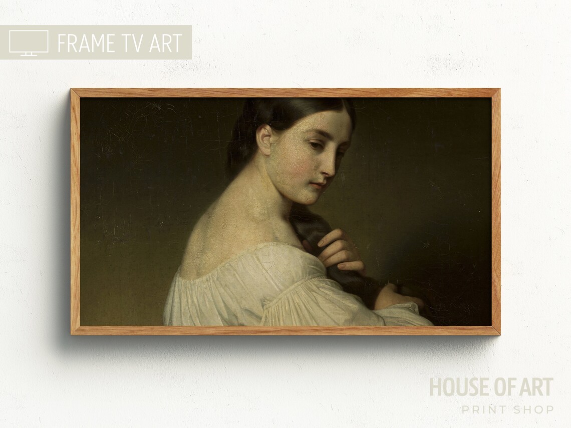Classic Oil Portrait Young Woman White Blouse Dark Hair Vintage Art Print