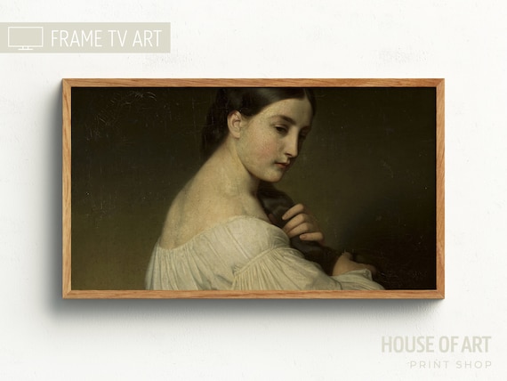 Classic Oil Portrait Young Woman White Blouse Dark Hair Vintage Art Print