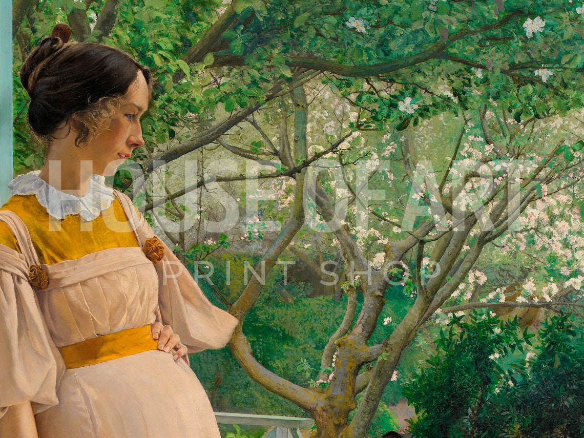 In The Garden Door Artwork Pregnant Young Woman Fragility Instant Print White Dress Blooming Flora Oil Painting - Image 3