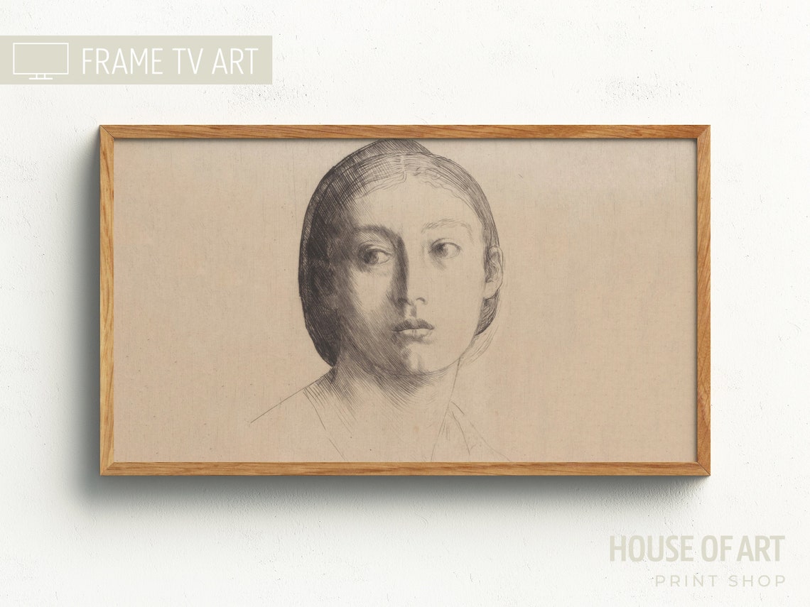 Frame Tv Art Vintage Portrait Of A Woman Drawing Black And White Female Artwork Beautiful Girl Dreamy Pencil Sketch - Image 3