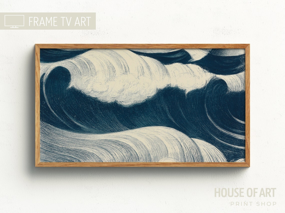 Japanese Ocean Wave Deep Blue White Vintage Woodcut Nature Poster - Image 2