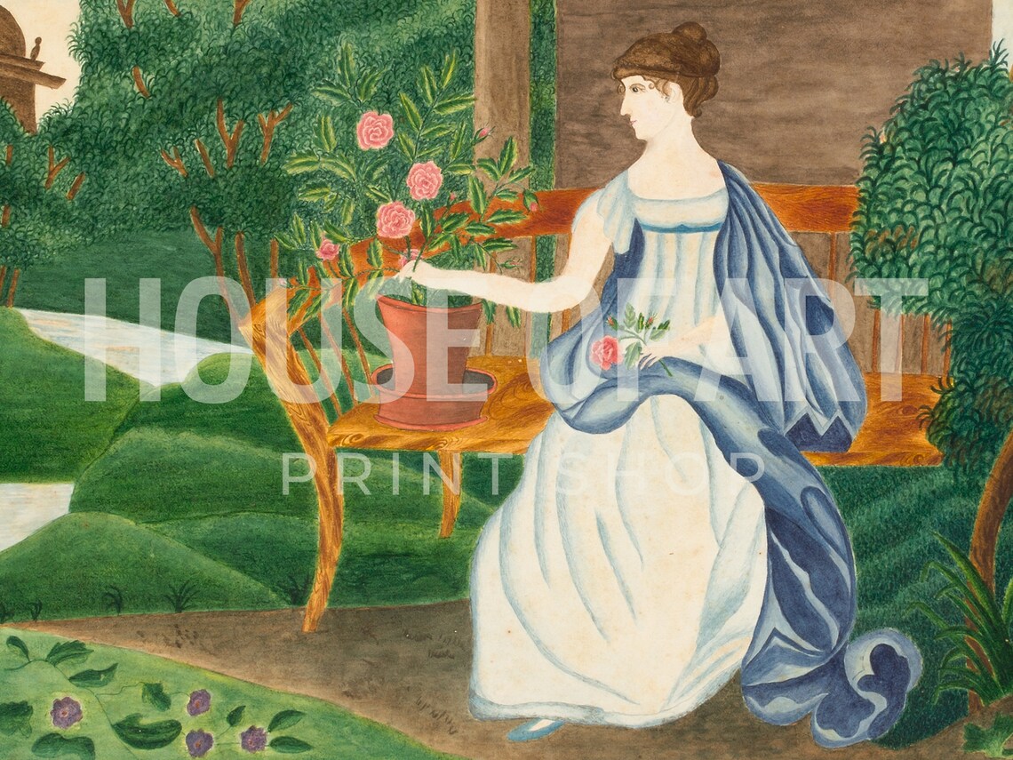 Woman Sitting Garden Bench Vintage Naive Painting Green Greenery Poster - Image 2