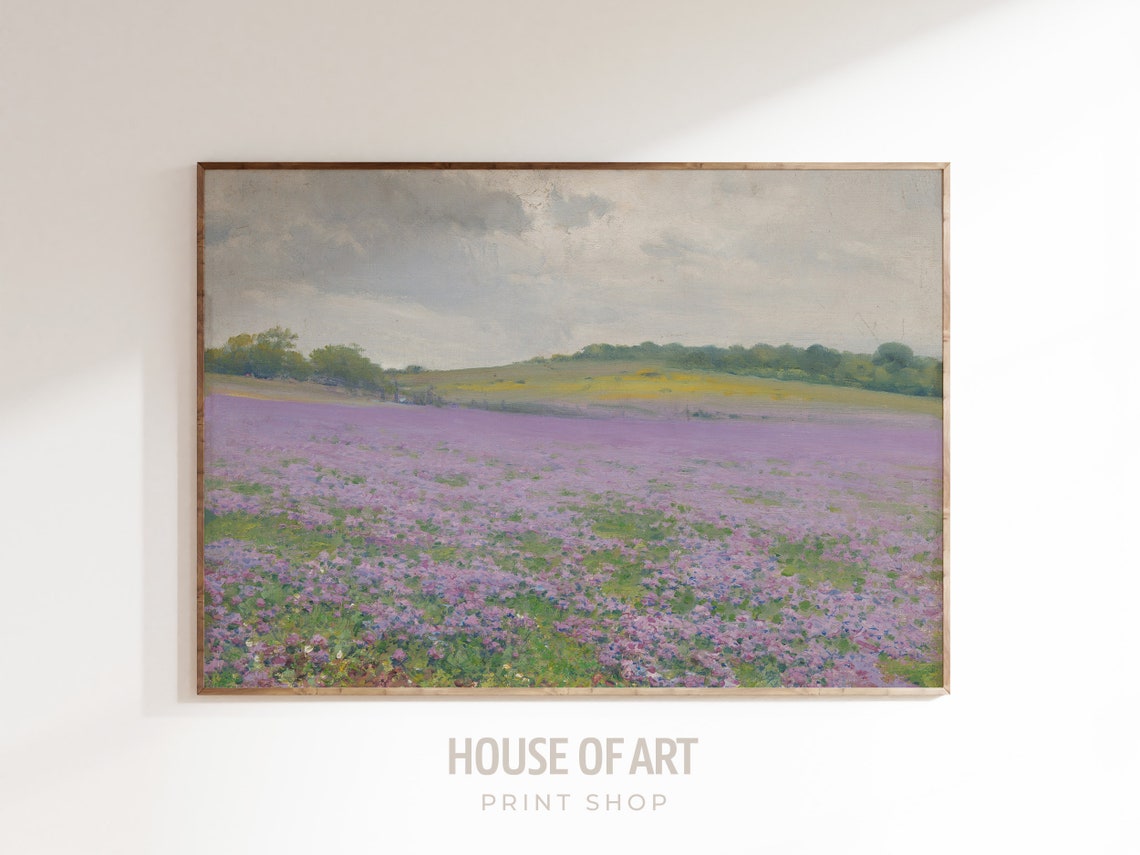 Meadow Landscape Painting Vintage Country Landscape Print Wildflower Landscape Farmhouse Decor Country Field Wall Art Purple Bluebonnets