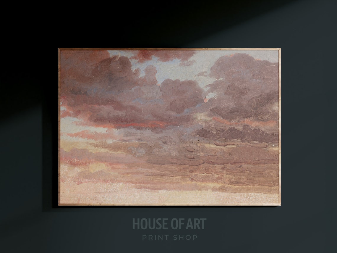 Moody Pink Sunset Cloud Study Vintage Oil Painting Sky Print - Image 3