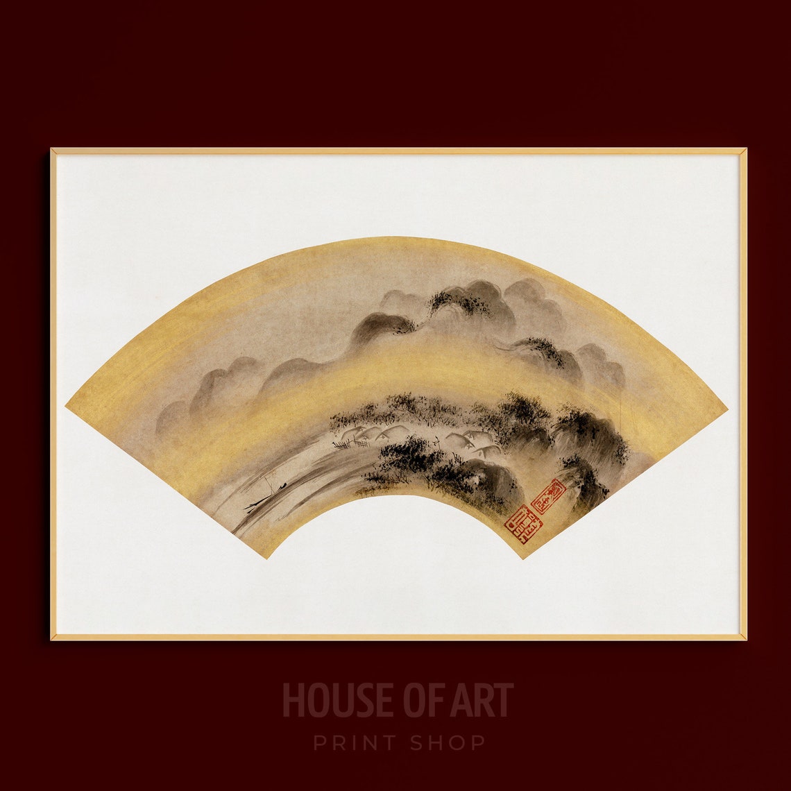 Antique Japanese Fan Painting Gold Mountain Landscape Asian Art Print - Image 3