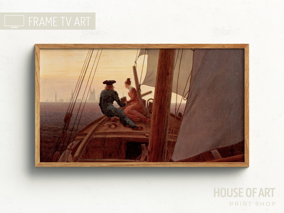 Frame Tv Art 4k Vintage Sailboat Oil Painting Couple Sailing Holding Hands Out At Sea Love Sails Ocean Seascape Skyline - Image 3