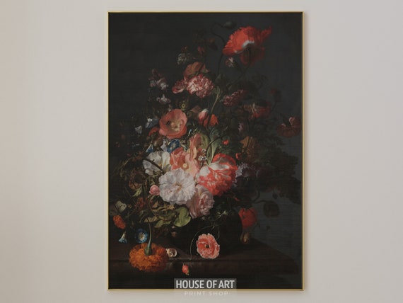 Flowers In A Vase Artwork Dutch Golden Age Floral Still Life With Insects Instant Print Realist Oil Painting