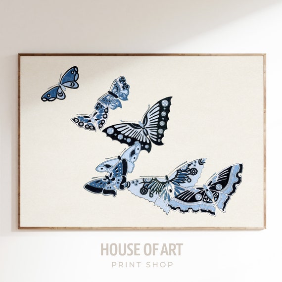 Blue Butterflies Illustration Japanese Color Woodcut Print Flying Butterflies Drawing Vintage Gallery Wall Print Wall Art