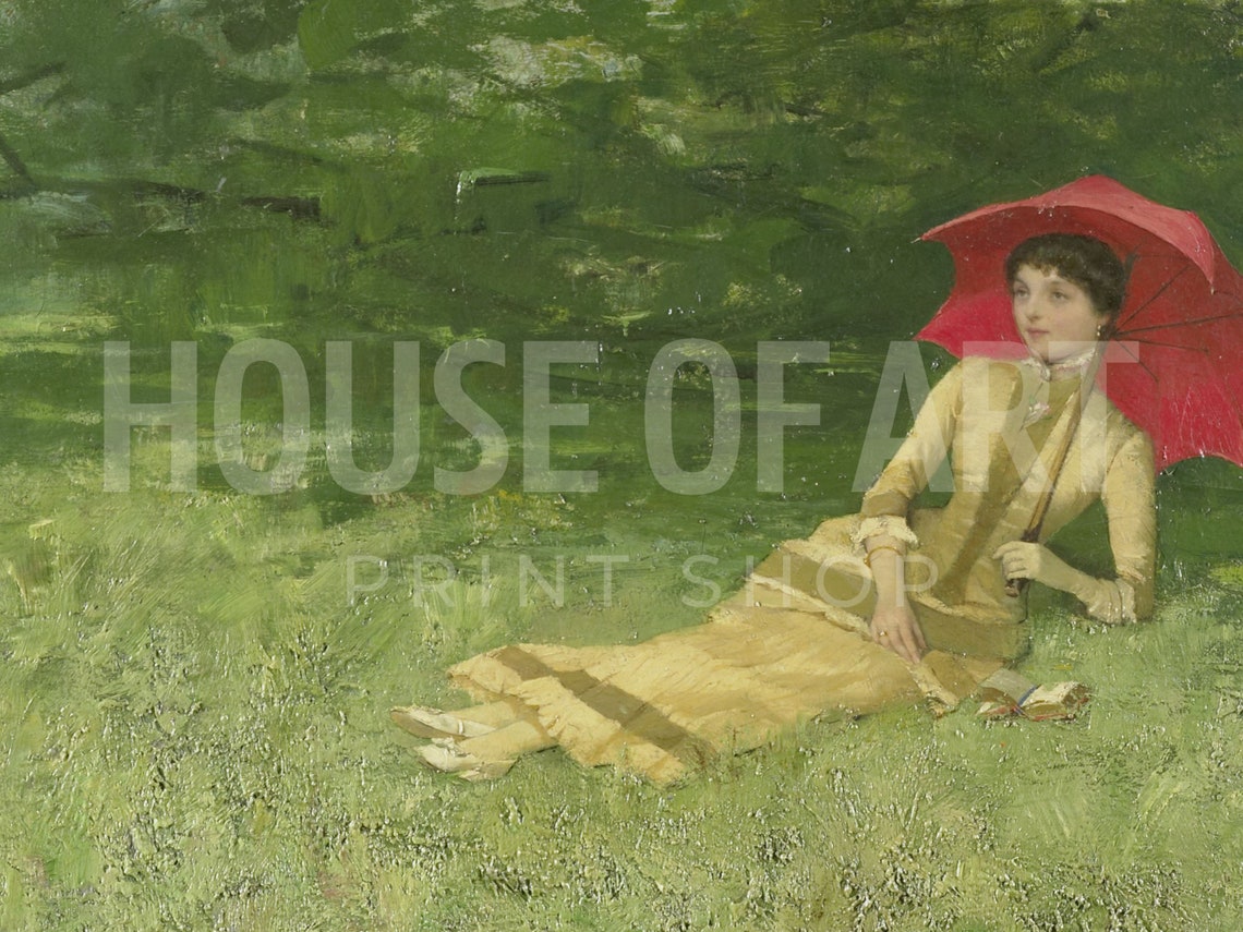 Frame Tv Art 4k Vintage Portrait Of A Woman Laying In The Park Oil Painting Red Umbrella Shade Summer Elegant Girl Garden - Image 2