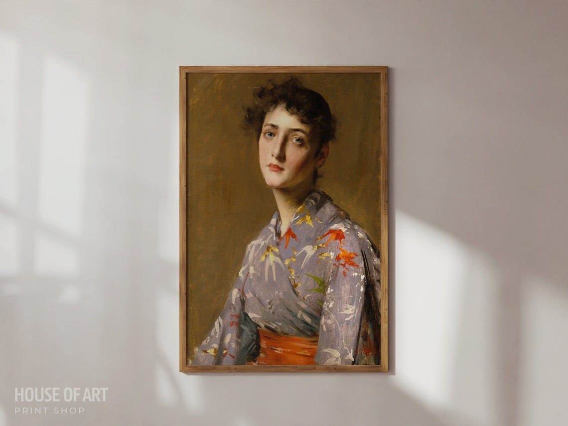 Vintage Portrait Art Female Beauty Kimono Instant Print Young Woman Japanese Costume Dress Profile Oil Painting