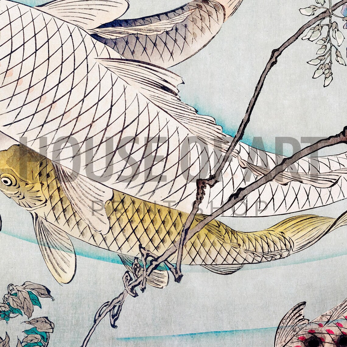 Japanese Koi Fish And Wisteria Vintage Woodblock Art Style Wall Print - Image 2