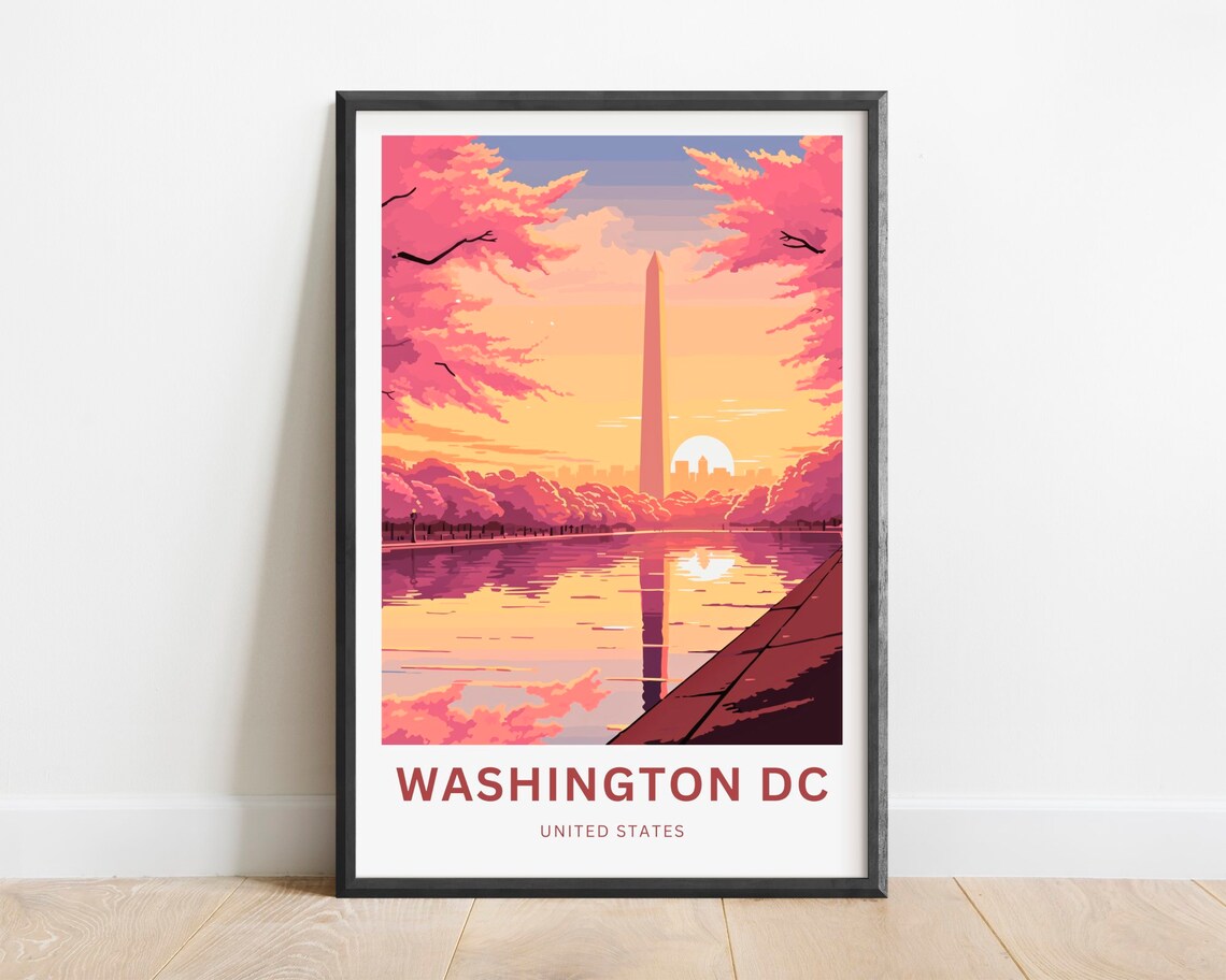 Washington DC Monument Cherry Blossom Sunrise Tidal Pool Travel Poster