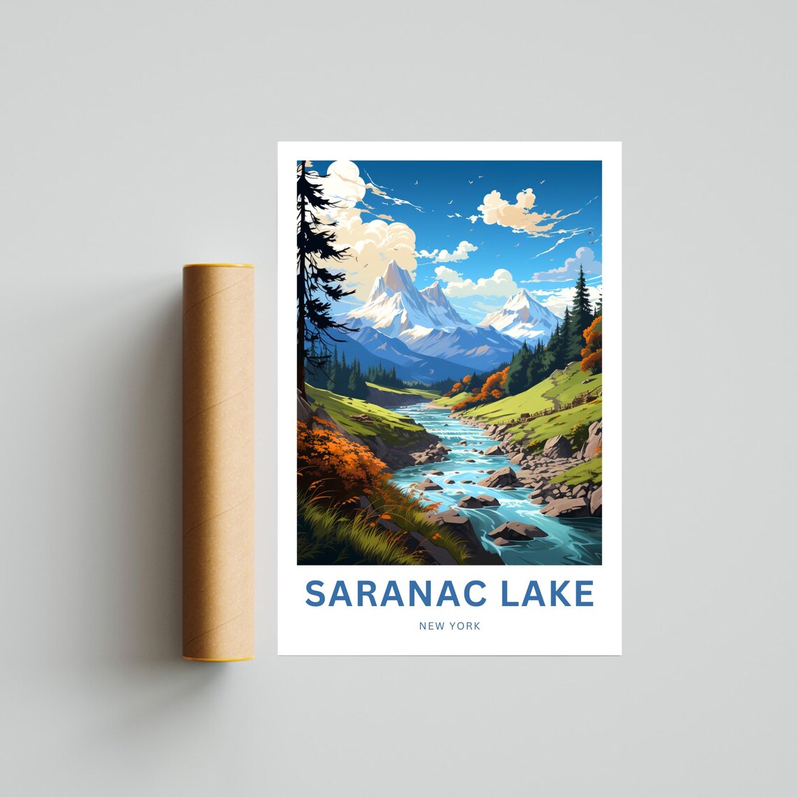 Saranac Lake New York Snow Peaks Rushing River Travel Poster - Image 4