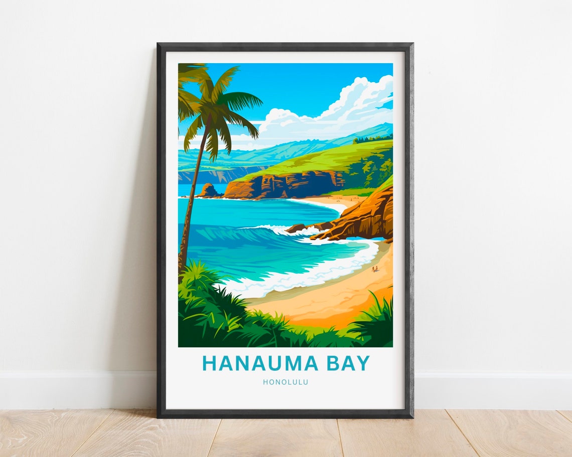Hanauma Bay Honolulu Beach Cove Palm Cliffs Vintage Travel Poster