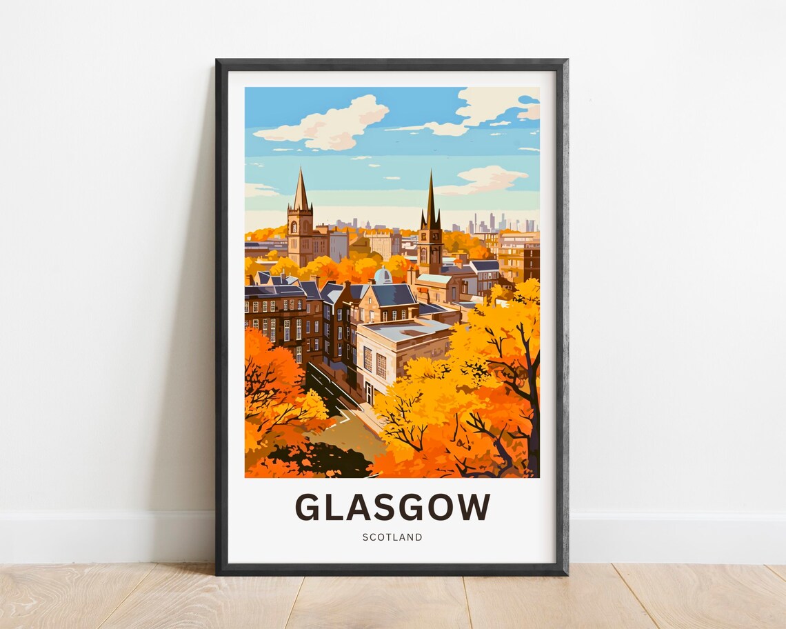 Glasgow Scotland Autumn Rooftops Church Spires Vintage Poster
