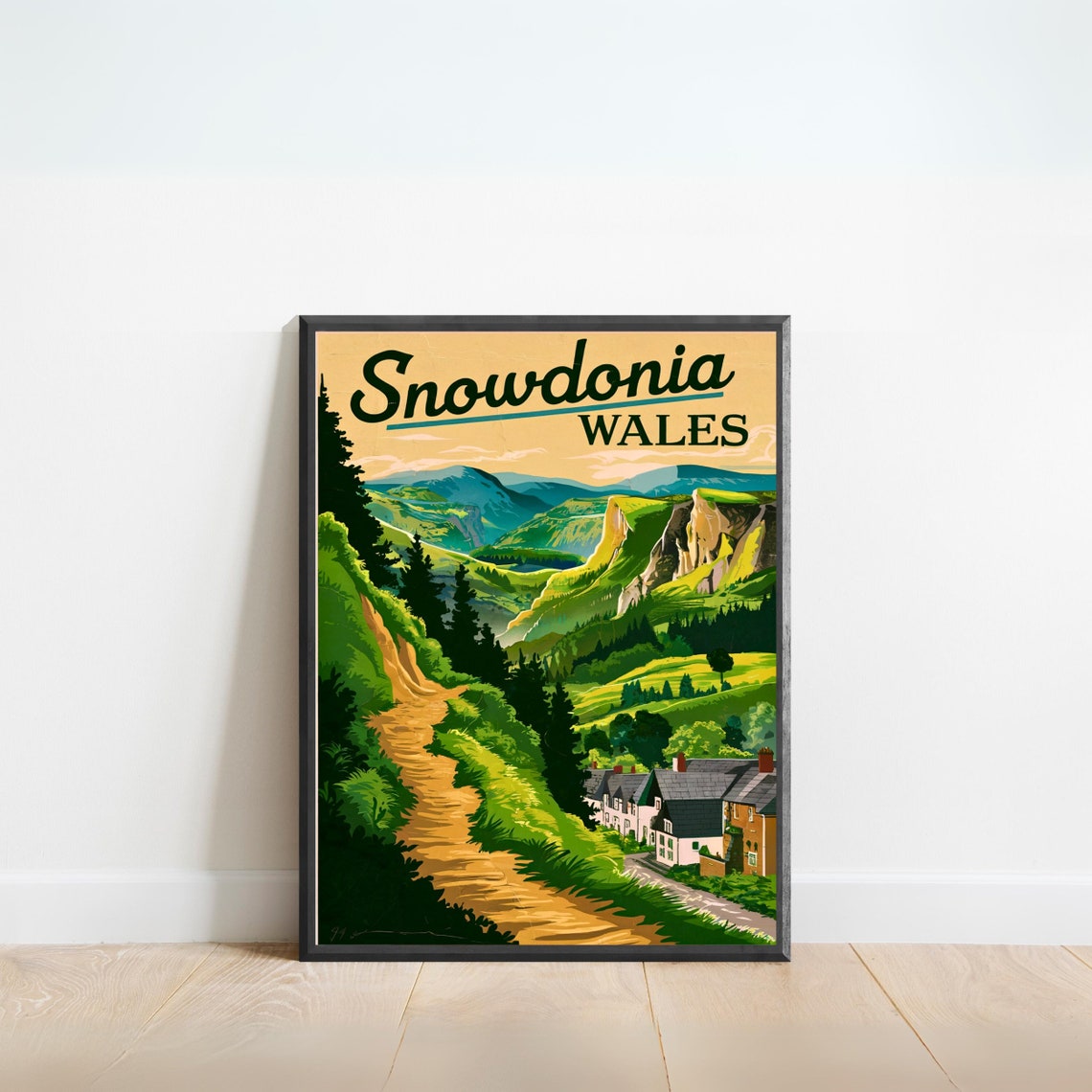 Snowdonia Wales Village Path Between Green Valley Cliffs Poster