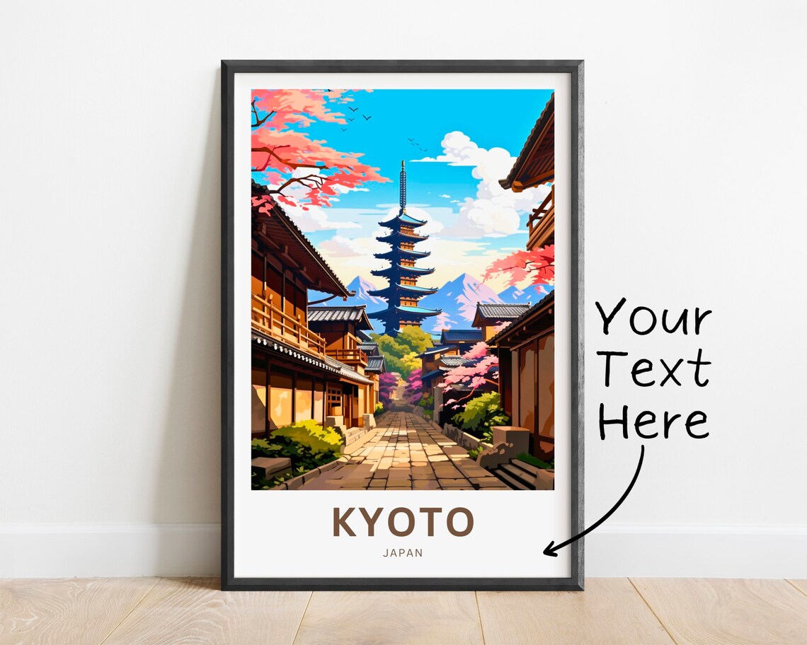 Kyoto Japan Travel Poster Pagoda Temple Street Cherry Blossom