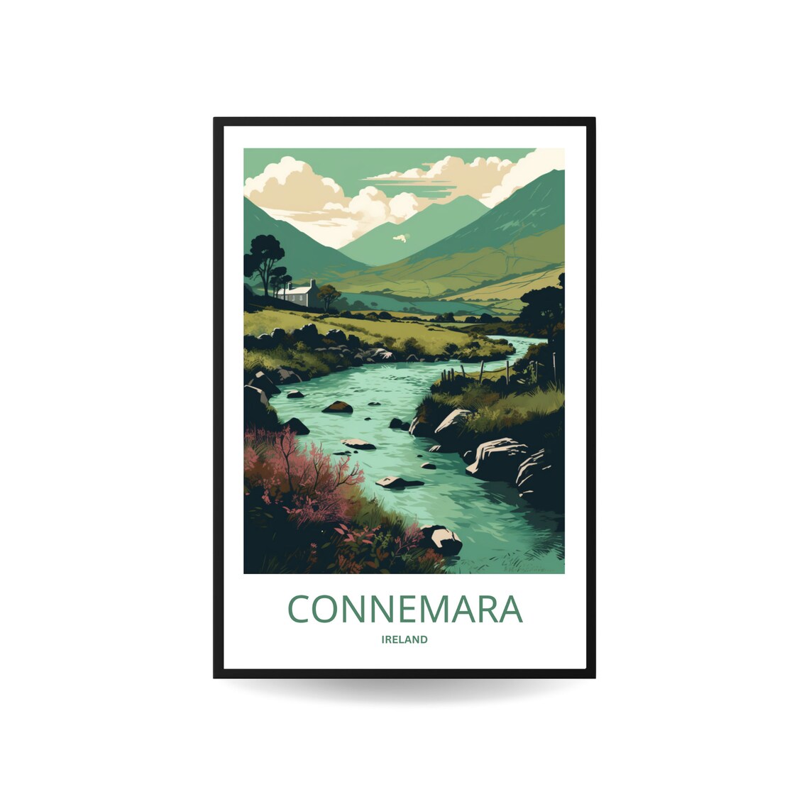 Connemara Ireland Green Valley Stream Mountains Cottage Travel Poster
