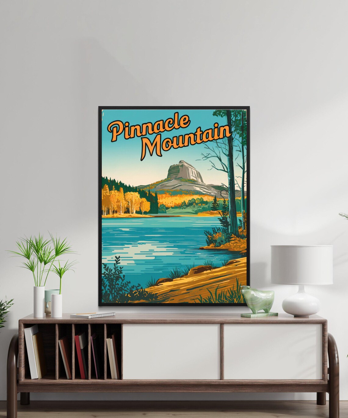 Pinnacle Mountain Autumn Lake Rock Formation Retro Travel Poster - Image 3
